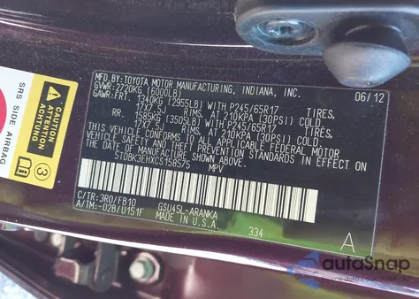 2012 Toyota Highlander Base V6 from USA, damaged, VIN 5TDBK3EHXCS158575